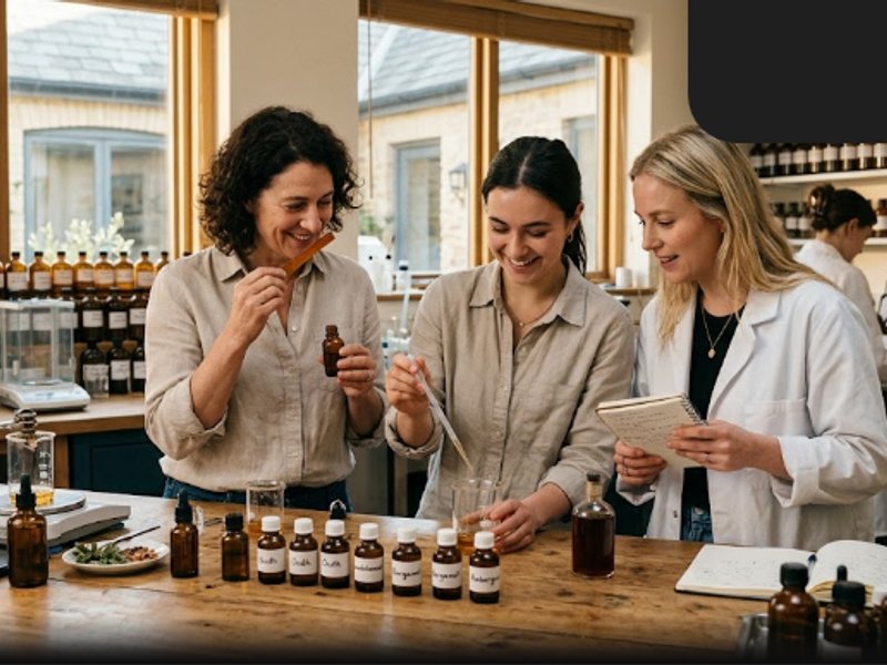 Команда Oriflame разрабатывает восточные ароматы в современной лаборатории, профессиональная фотосъемка.