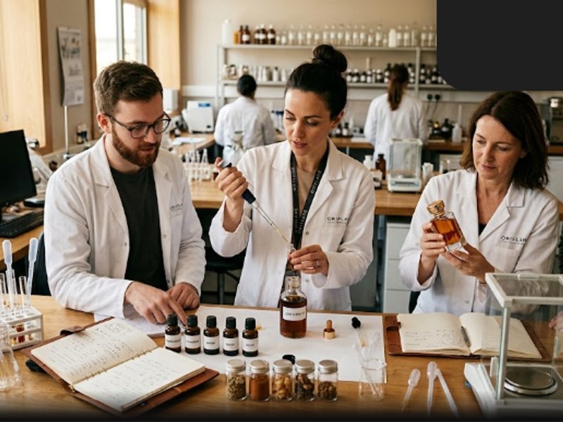 Команда Oriflame разрабатывает восточные ароматы в современной лаборатории, натуральное освещение.