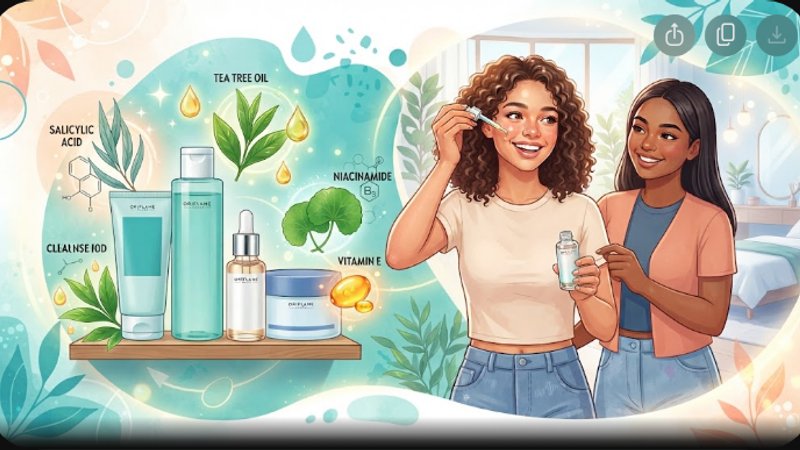 Современная иллюстрация активных компонентов косметики Oriflame для эффективного ухода за подростковой кожей с акне